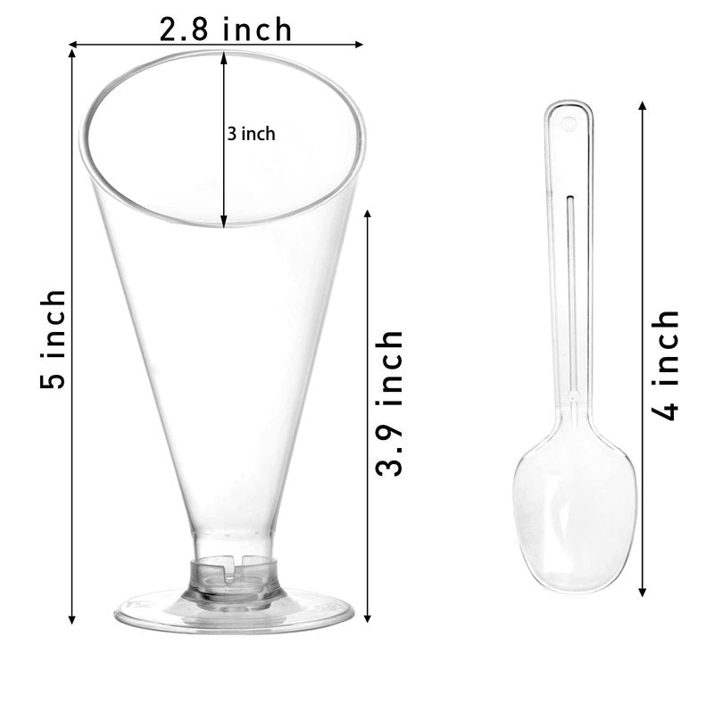 Foraineam 100 Pack Clear Dessert Cups with Spoons, 4 oz Disposable Plastic Champagne Flutes Cocktail Glasses, Reusable Parfait Appetizer Cup Mousse Cups for Home Gatherings, Events, Parties, Weddings