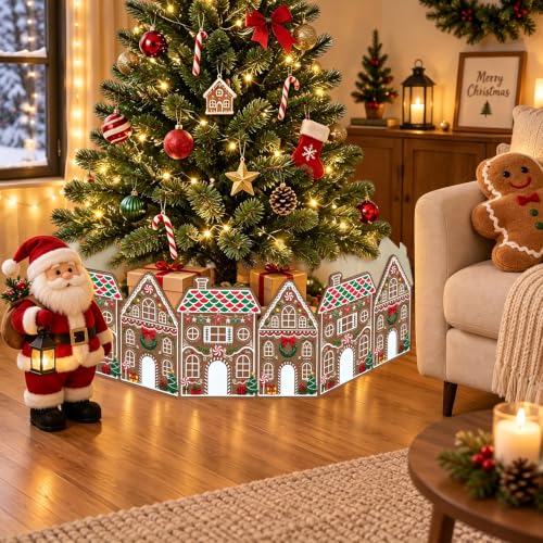 Christmas Tree Collar Gingerbread House – Brown Wooden Base Cover for Tree