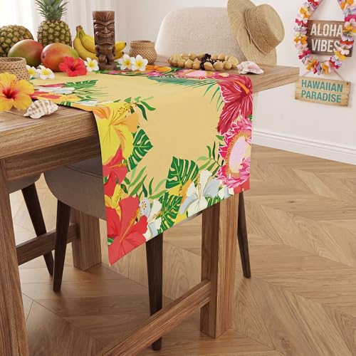 Tropical Hibiscus Palm Leaf Table Runner - 73-Inch Luau Party Decor