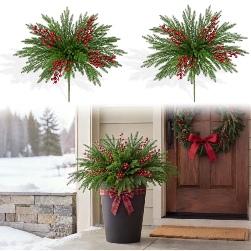 Riceshoot 2 Pcs Christmas Artificial Norfolk Pine Branches with Red Berries - Berry Variation