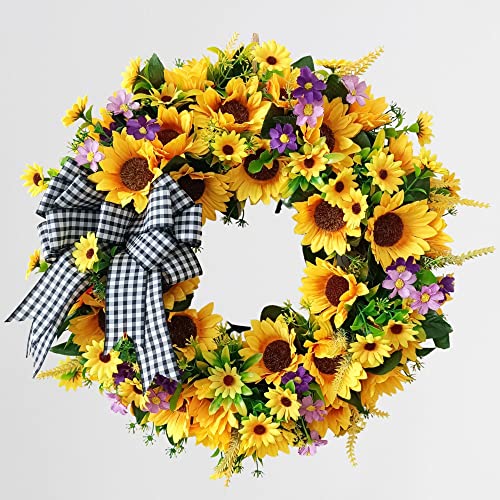 18-Inch Artificial Sunflower Wreath with Bow for Front Door Spring Decor