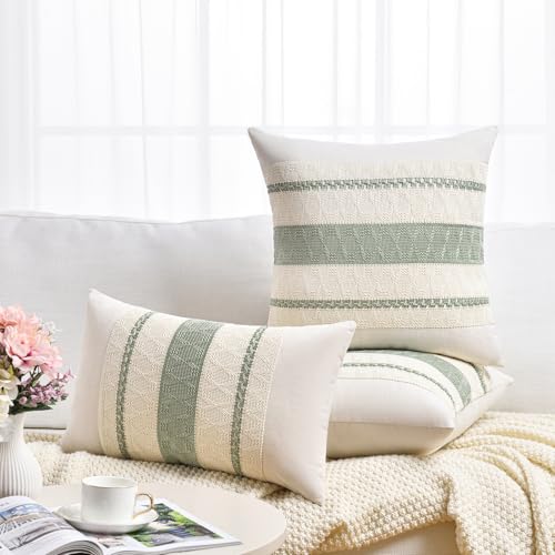 Sage Green Boho Lumbar Pillow Covers 12x20 - Set of 2 Macrame Cushion Cases
