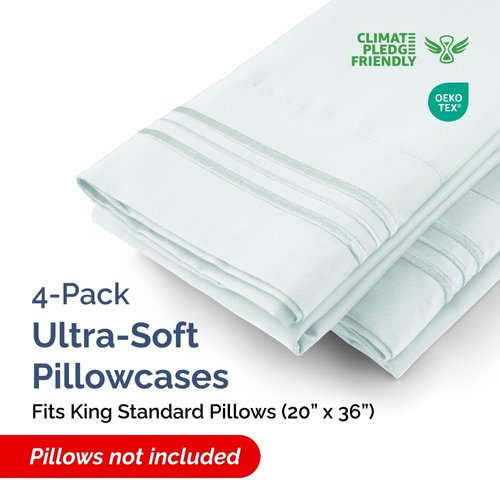 King Standard Pillow Cases - Soft Hotel Quality Covers | Comfy & Machine Washable - 4 Piece Set in Ice Blue