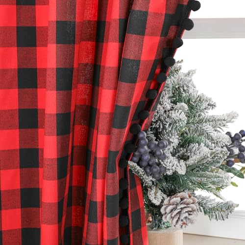 2 Pack Buffalo Plaid Window Curtains for Living Room - 52 x 96 Inch Red Black Check Rustic Farmhouse Decor with Pom-poms
