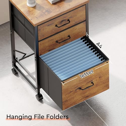 3-Drawer Mobile File Cabinet with Open Storage Shelf, Rustic Brown