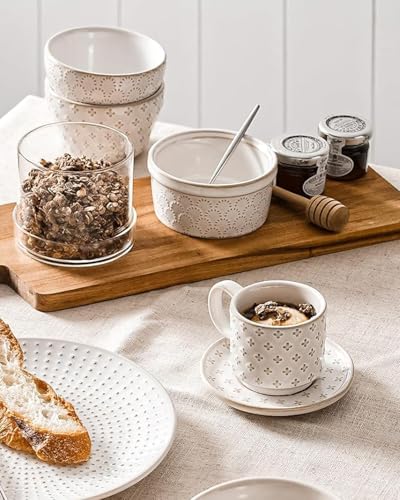 LE TAUCI 4 oz Stackable Espresso Cups with Saucers & Stand - Ceramic Double Shot, Macchiato, Lungo, Ristretto Set, Microwave & Oven Safe - White Embossed