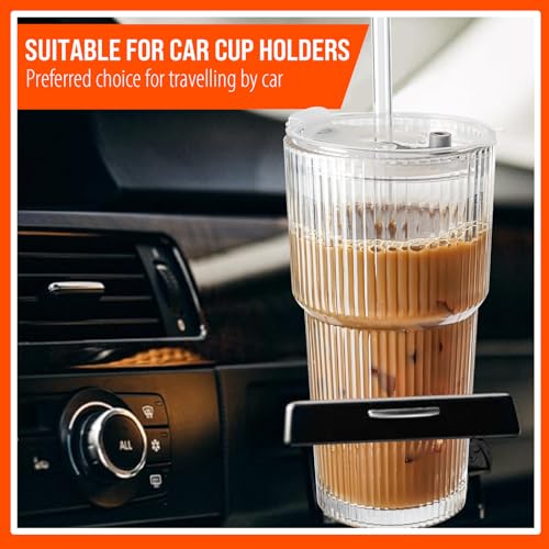 20oz Ribbed Glass Tumblers with Lids and Straws, 4-Piece Set