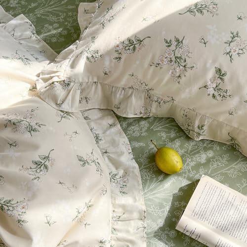 Reversible Sage Green Floral Duvet Cover Set - 100% Cotton Queen Bedding with Ruffle Lace