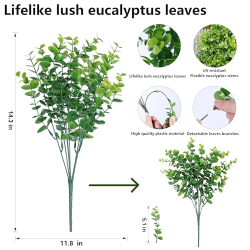 UV Resistant Artificial Outdoor Eucalyptus Plants - 12 Bundles Faux Greenery
