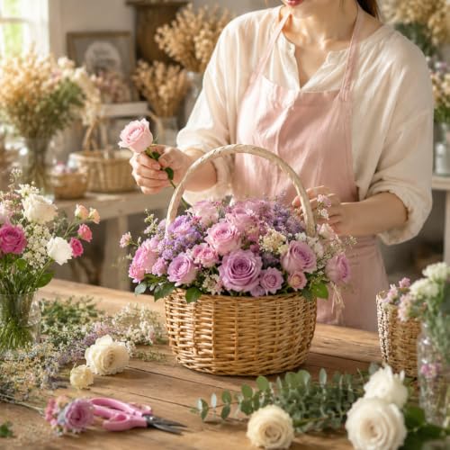 2-Pack Handmade Wicker Flower Girl Baskets with Ribbon and Handles