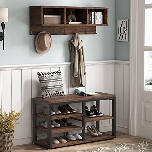 Tribesigns Rustic Brown 5-in-1 Industrial Shoe Rack Bench with Coat Hooks and Cubby Storage