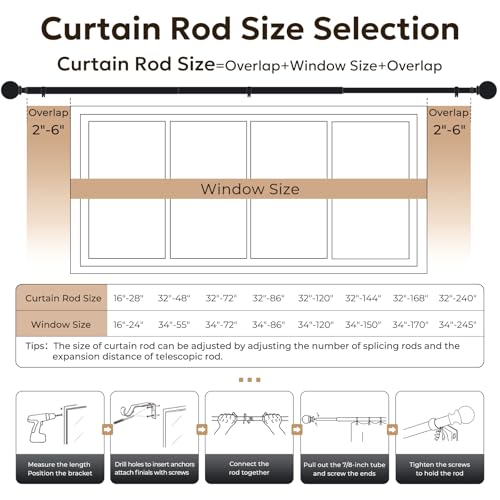 1-Inch Heavy Duty Adjustable Curtain Rod (32"-86") with Ball Finials - Black