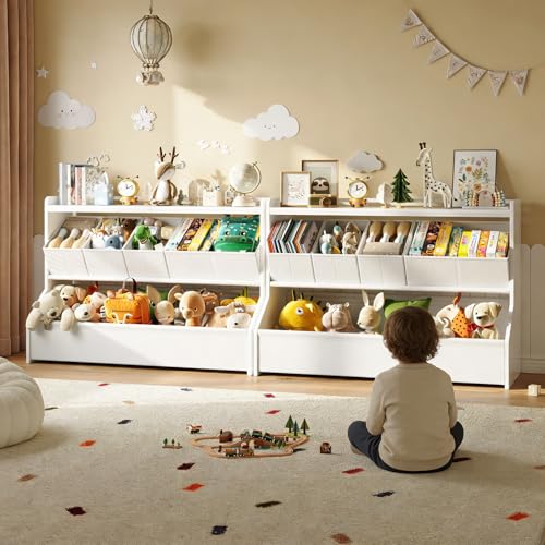 Kids Wooden Toy Storage Organizer with Bookshelf and Removable Bins