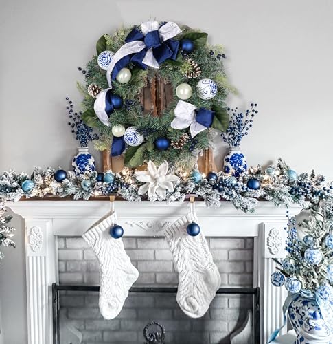 24 Inch Blue and White Christmas Wreath with Bows, Berries & Pinecones for Front Door Holiday Decor