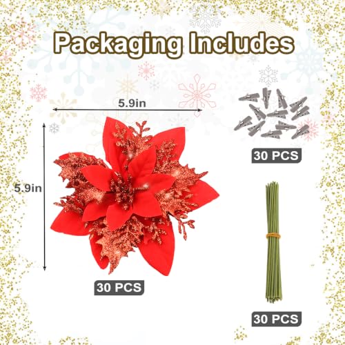 Cliselda 30Pcs Red Poinsettia Artificial Christmas Flowers with Clips - Holiday Decor
