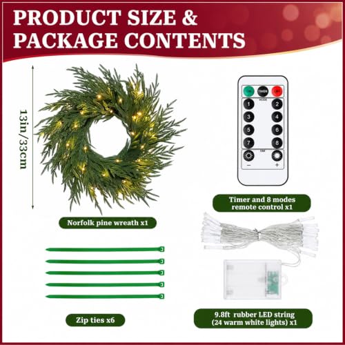 CraftyDream Norfolk Pine 13-Inch Christmas Car Wreath with Lights - Holiday Vehicle Decor