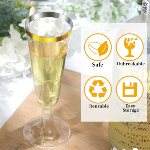150 Pcs Plastic Champagne Flutes Bulk Gold Rim Disposable Party Drinkware