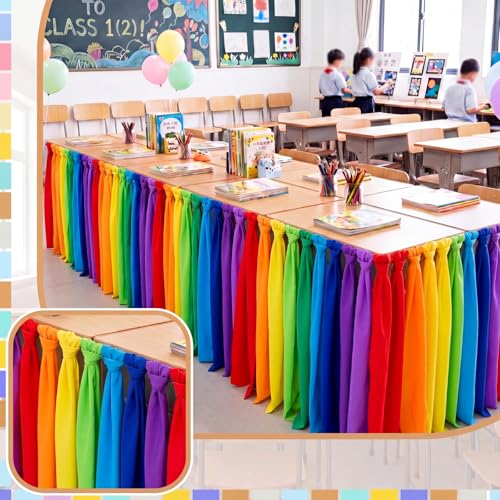 Rainbow Fringe Table Skirt 14ft x 30in for Classroom Desks and Party Decor