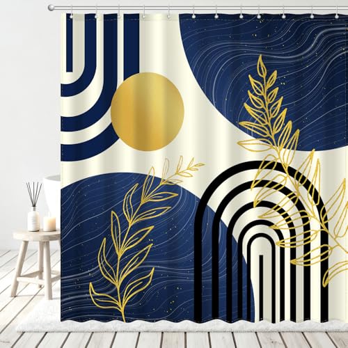 Boho Mid-Century Shower Curtain, Abstract Sun and Leaf Print, 72x72 Inch