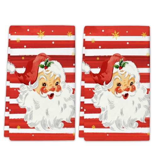 Qilerongrong Christmas Santa Kitchen Towels 18x26 in 2 Pack - Red Snowflake Stripe Tea Towels
