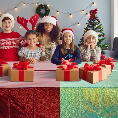 Hauwellter 12 Pack Iridescent Red & Green Plastic Tablecloths 54x108 in - holographic disposable party covers