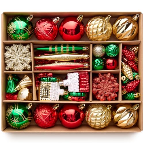 VeriNatural 96Pcs Shatterproof Christmas Ornaments Set – Multi-Color with Gold Hangers