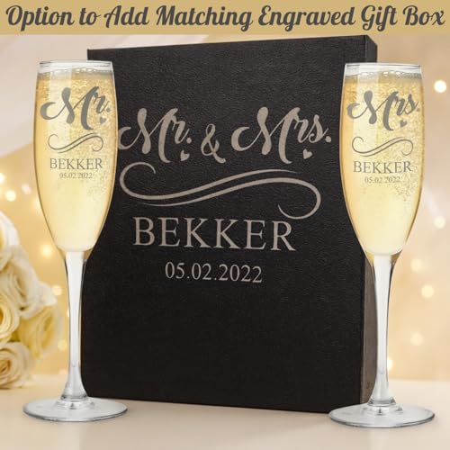 Personalized Champagne Flutes Set of 2, Custom Engraved Stemmed Glasses
