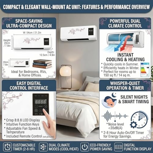 2-in-1 Portable Wall Mounted Air Conditioner & Heater Combo with Remote