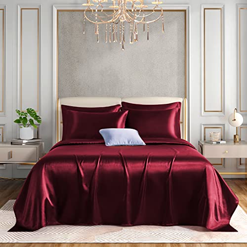 Horbaunal King Satin Sheet Set Burgundy - 6 Piece Luxury Bed Sheets