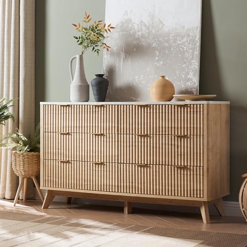54-Inch Fluted 6-Drawer Dresser, Mid-Century Modern Wood Storage Cabinet
