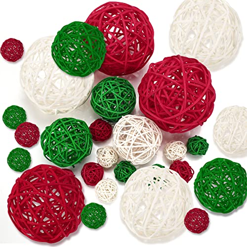 Christmas Wicker Rattan Balls Set - 16pcs in 3 Sizes with Red, White & Green Variations