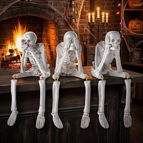 3-Piece See No Evil Halloween Skeleton Statues - Resin Skull Figurines
