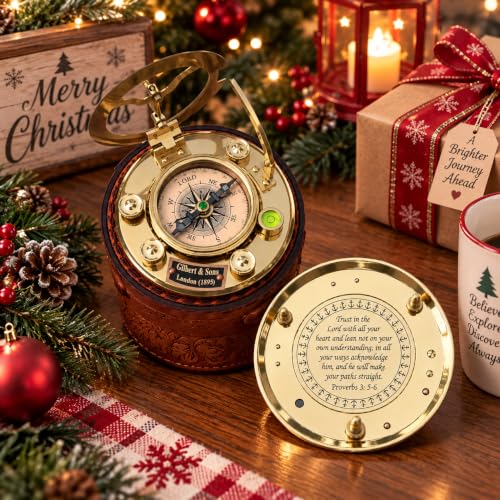 Trust in The Lord Compass with Leather Box - Proverbs 3:5-6 Religious Gift
