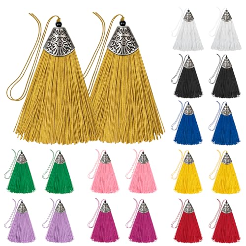 20pcs Boho Silk Tassel Charms with Antique Silver Caps for DIY Jewelry Craft