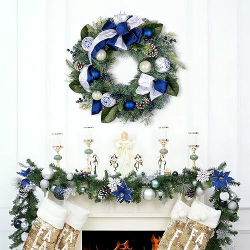 24 Inch Blue and White Christmas Wreath with Bows, Berries & Pinecones for Front Door Holiday Decor