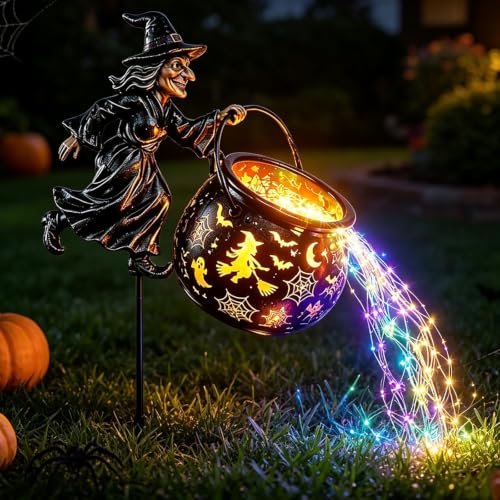 Halloween Flying Witch Cauldron Garden Stake Light with LED Projector