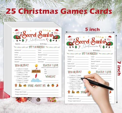 White Secret Santa Questionnaire Cards – 25 Fill-In 5x7 Gift Exchange Forms