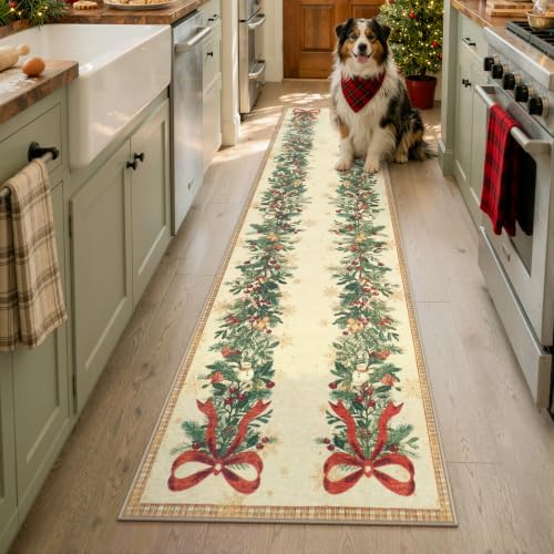 Lahome 2' x 8' Warm Cream Christmas Runner Rug with Evergreen Garland & Red Bows