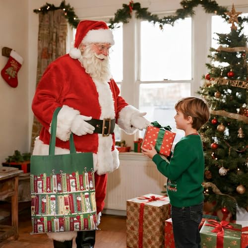 Loveinside Christmas Canvas Tote Bag Book Shelf Xmas Shopping Reusable Holiday Gift Bag