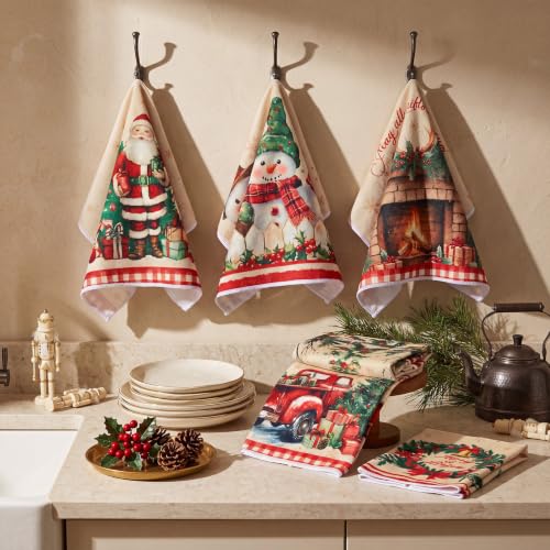 Vintage Christmas Kitchen Towels 6 Pack Santa Snowman Dish Hand Towels Beige Red