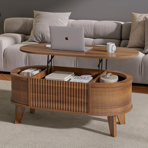 Fluted Lift Top Coffee Table with Hidden Storage, Walnut Wood Oval Table