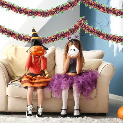 33ft Halloween Metallic Tinsel Garland with Green Spider Web Ornaments