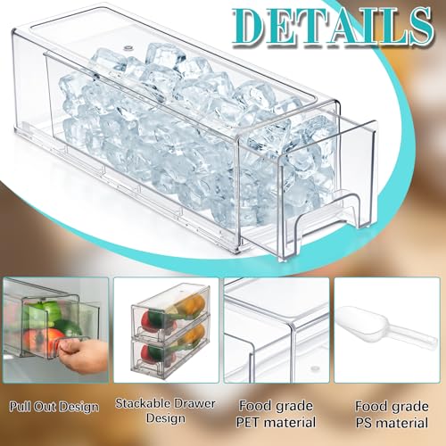 Clear Pull-Out Ice Container for Freezer with Scoop - Stackable Fridge Bin