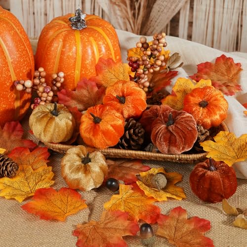 51-Piece Artificial Fall Harvest Decor Set with Pumpkins and Maple Leaves