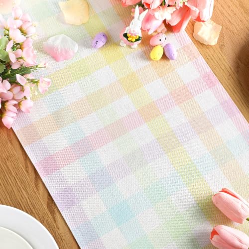 Frienda 72 Inch Plaid Bunny Easter Table Runner Pastel Checkered Gingham Farmhouse Decor