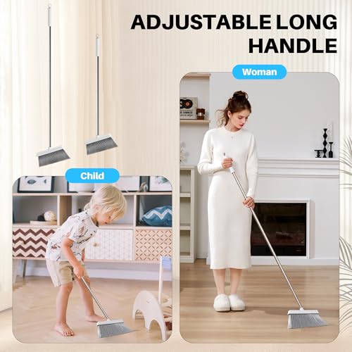 Upright Broom and Dustpan Set with Built-in Comb Teeth & Long Handle