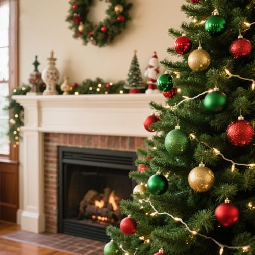DounakeEvth 50ct Red Green Gold Shatterproof Christmas Ball Ornaments Set (1.57"-2.36"), Pre-Strung