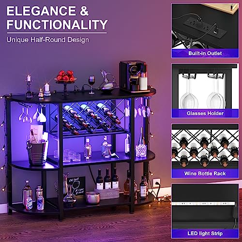 4-Tier Coffee Bar Cabinet with LED Lights, Power Outlets & Wine Storage
