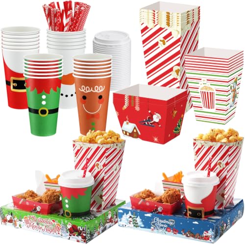 Santa Christmas Movie Night Snack Tray Set - 24 Pcs with Cups, Straws & Stickers