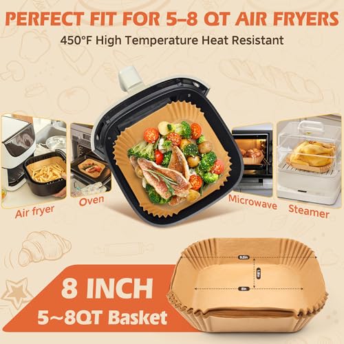 150Pcs 8-Inch Square Air Fryer Disposable Paper Liners, Non-Stick Parchment